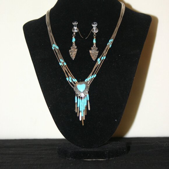 Liquid Silver Beads & Turquoise Southwest Necklace & Earring Set B-188 - Picture 2 of 7